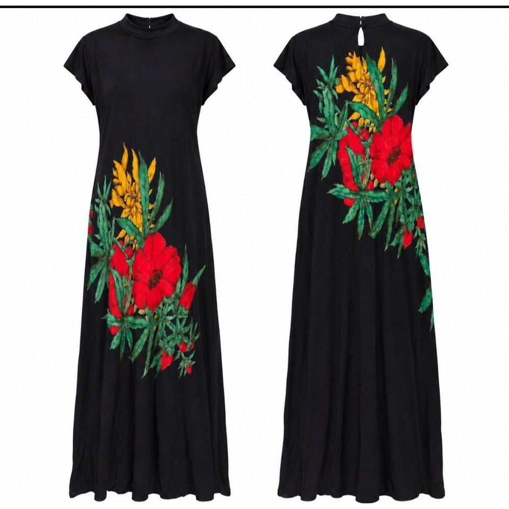 VTG 90s Carole Little Tropical Floral Artsy Boho Maxi Dress 14 USA Whimsy Goth